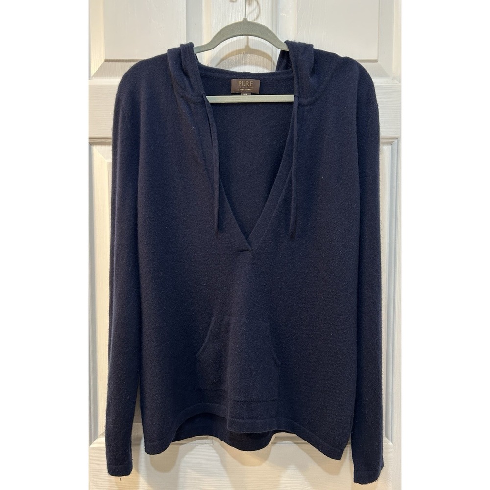 Pure Collection 100% Cashmere V-Neck Sweater Sz 14/16 Hooded Luxury Front Pocket